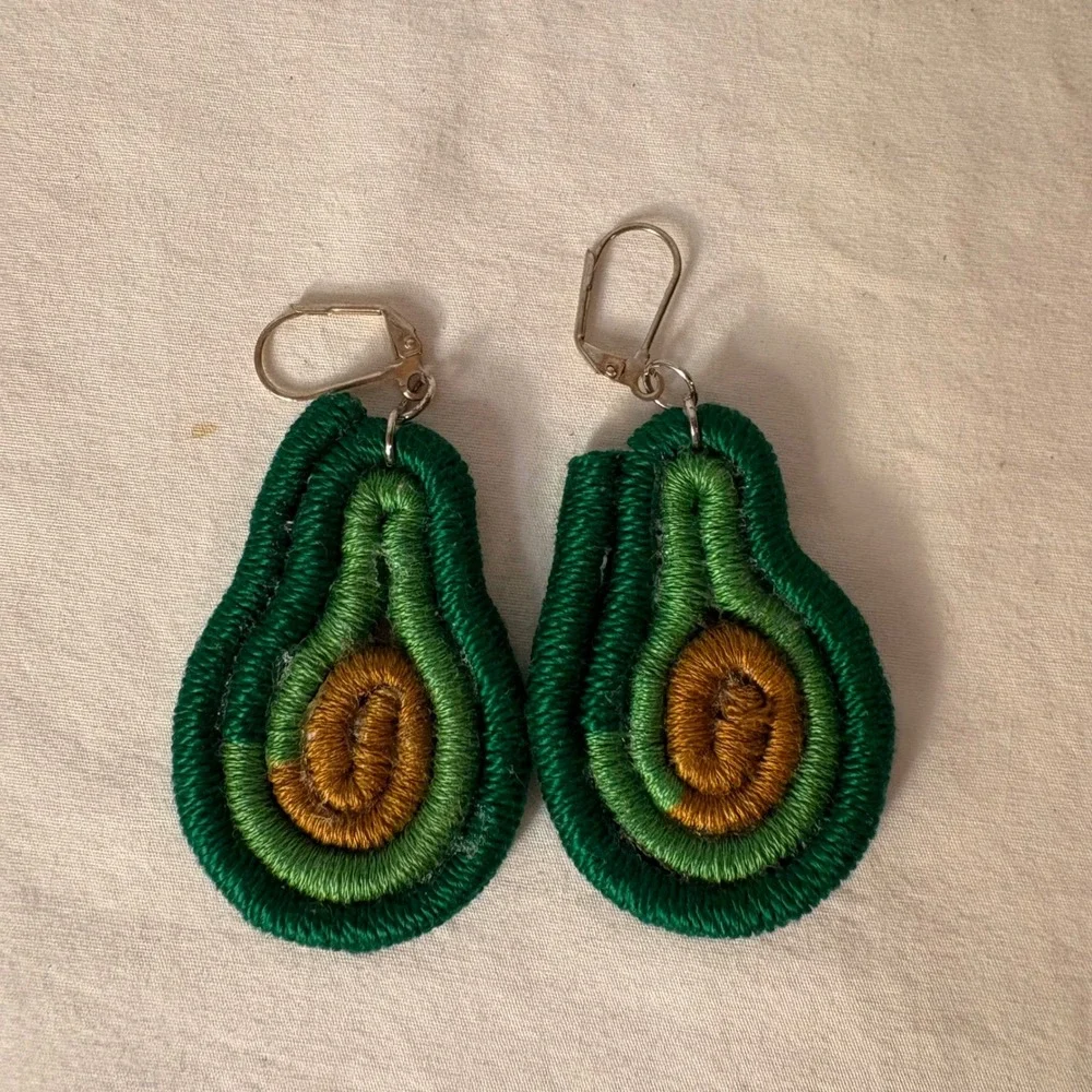 Handmade Embroidered Avocado‎ Drop Earrings Fun Novelty Fruit Dangle Drop
